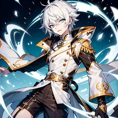 Ultra detailed, Best quality, finedetail, Anime boy, neko, The male, White hair, , eyes blue, Blue pupils, Extremely detailed eyes, White color blouse, Black shorts,, The male，Abs