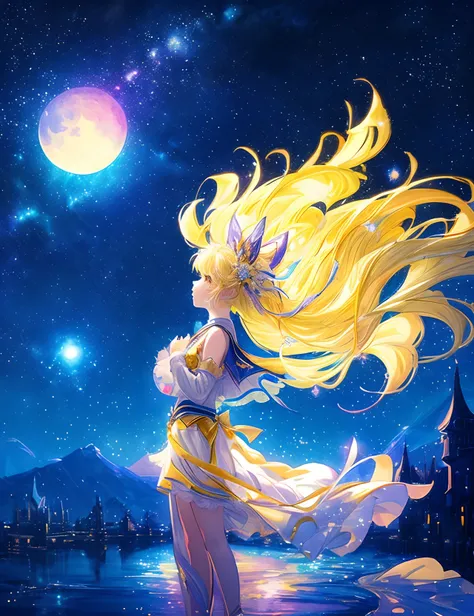 ((Supergiant pale yellow moon))((A girl who looks up at her profile and is subjectively depicted))、((Crying girl))、Profile Girls、Against a multicolored background、River painting with stars and moon in rainbow sky、Shining skyscrapers、Shine across the board、...