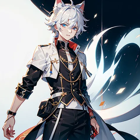 Ultra detailed, Best quality, finedetail, Anime boy, neko, The male, White hair, , eyes blue, Blue pupils, Extremely detailed eyes, White color blouse, Black shorts,, The male，Abs