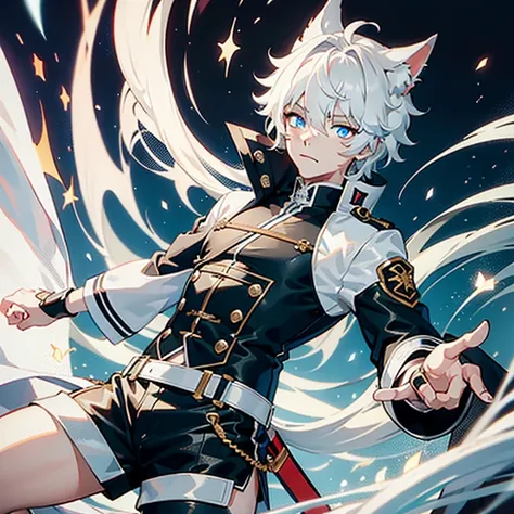 Ultra detailed, Best quality, finedetail, Anime boy, neko, The male, White hair, , eyes blue, Blue pupils, Extremely detailed eyes, White color blouse, Black shorts,, The male，Abs