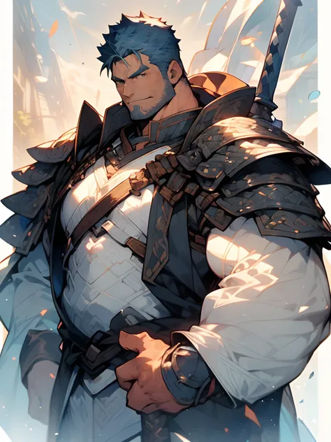 Extremely detailed、Detailed face、Detailed eyes、Detailed hand、detailed arms、view full body、muscular body、Fat(Fat、Fat)、short-haired(Very blue hair)、short beard、Good arm、Good eyes、borgar、Paladin、Armor with great attention to detail(long cloak)、Carrying weapon...