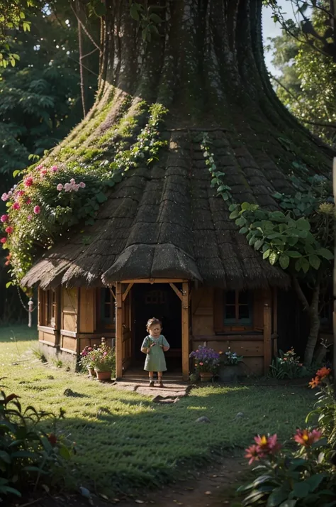 (best quality, realistic:1.37), small cozy home in jungle, smoke, chimney, fairytale, laughter, kids, flowers, grass, sunset, vibrant colors, soft lighting, magical atmosphere