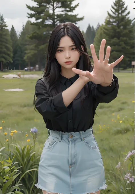 A beautiful woman holds her palm facing the camera, trying to use telekinesis. Fifteen years old. Black hair. modern clothing. She is standing in the meadow. An angry look.