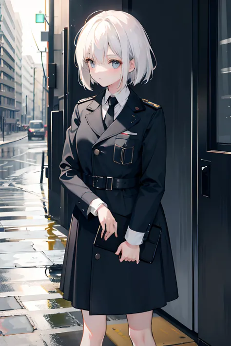 1girl in，white color hair，PM，After the rain，Stasi uniforms，glomy，Carry a briefcase，Stasi，Stasi，east，German Democratic Republic，nffsw，Dark tones