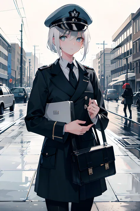 1girl in，white color hair，PM，After the rain，Stasi uniforms，glomy，Carry a briefcase，Stasi，Stasi，east，German Democratic Republic，nffsw，Dark tones