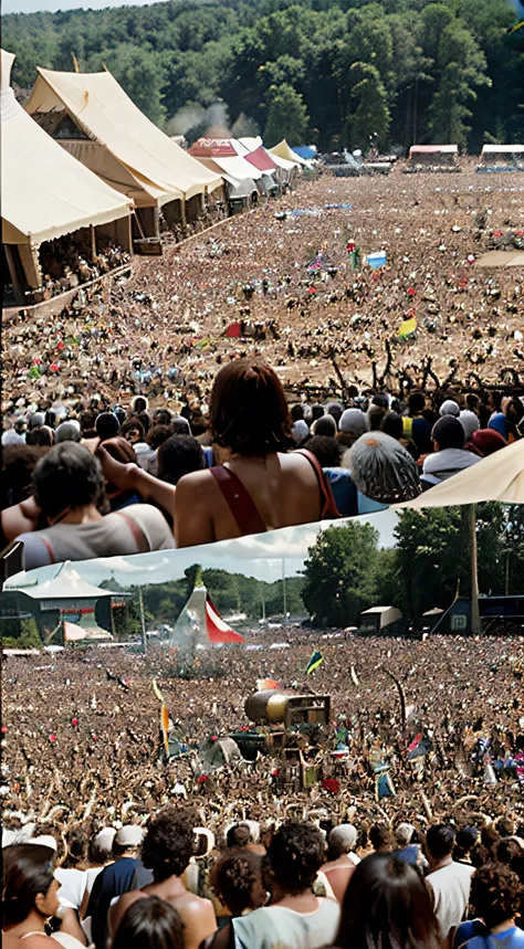 Real footage from the Woodstock festival, highlighting iconic moments and the diversity of the crowd