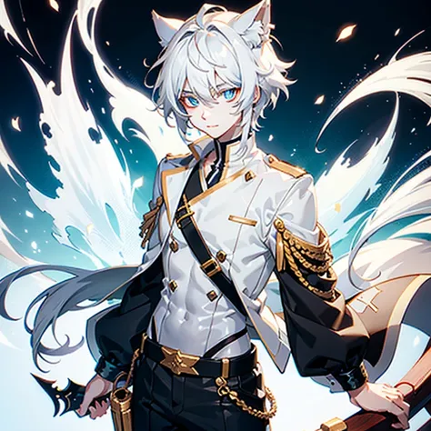 Ultra detailed, Best quality, finedetail, Anime boy, neko, The male, White hair, , eyes blue, Blue pupils, Extremely detailed eyes, White color blouse, Black shorts,, The male，Abs