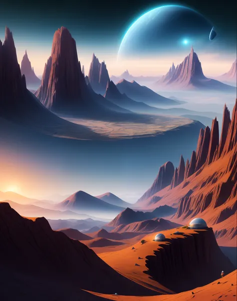 Create a futuristic space colony landscape with a panoramic view.