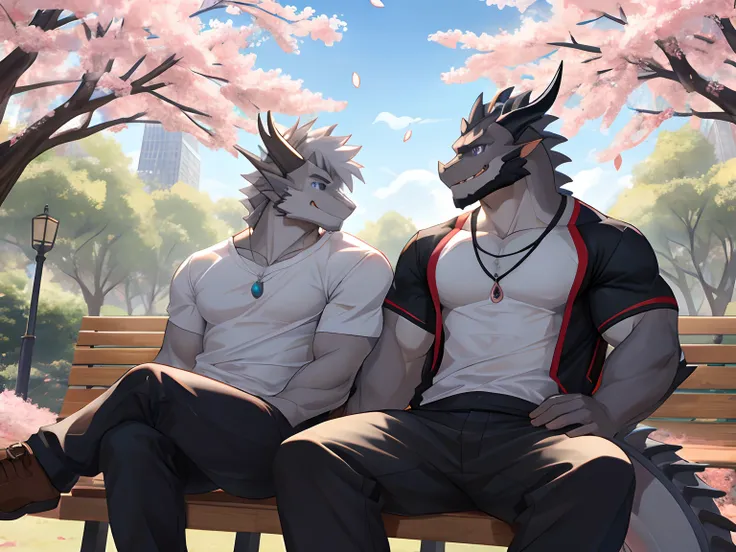 (Best Quality), Duo, 1Male,  (Furry Gray Dragon), Blue Eyes, White Medium Hair, Casual Clothes Set, Strong Fit Body, Good Looking, 1Male, (Furry Black Dragon), Purple Eyes, Gray Medium Hair, Gray Facial Hair, Casual Clothes Set, Good Looking, Strong Fit Bo...