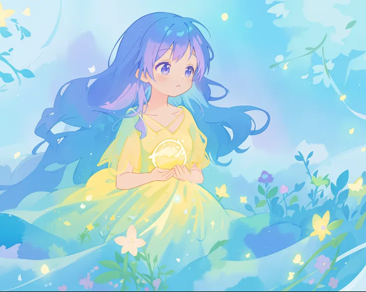 beautiful girl in yellow mint gradient flowing ballgown, long flowing blue purple hair, colorful fantasia background, watercolor illustration, disney art style, glowing aura around her, glowing lights, beautiful digital illustration, fantasia otherworldly ...