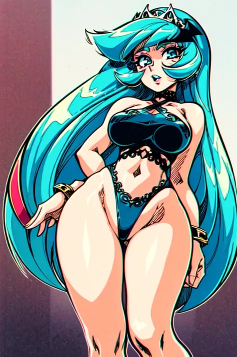 "(masterpiece:1.1), best quality, 
1girl, (80s anime style:1.4), (eyelashes:1.5),(loli:1.2), 
(intricate high detailed body:1.2), 
aqua hair, 
(forehead:1.2), short blunt bangs, (short hair, wavy hair:1.1), (tiara:1.2), 
green eyes, (gothic makeup, red lip...