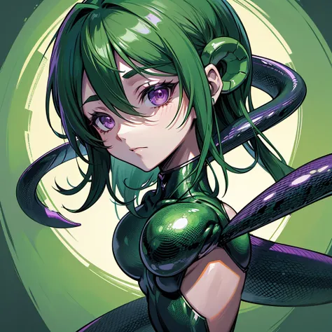 Cartoon photo of a woman in a green and purple costume、Hot Insect Humanoid Female、Guyver Style、NSFW version、Akame、Scarabeleploid、Tentacles imitating a snakes tail、、Alien Queen、Serpentine Pose、