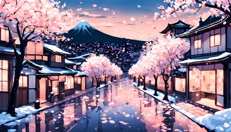 a breathtaking depiction of a city street covered in cherry blossom petals, bathed in a soft pink glow and the sky a vibrant blu...