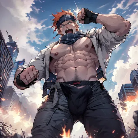 1boy, headband, jacket, scarf, gloves, pants, flexing, angry, open mouth, screaming, (punching:1.1), metropolis, day, spotlight, hard light, from below, foreshortening, solo, focus, extremely muscular masculine character, flame hair, huge bulge, 8 pack abs...