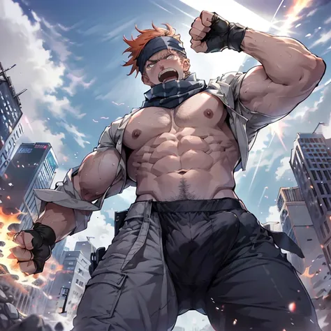 1boy, headband, jacket, scarf, gloves, pants, flexing, angry, open mouth, screaming, (punching:1.1), metropolis, day, spotlight, hard light, from below, foreshortening, solo, focus, extremely muscular masculine character, flame hair, huge bulge, 8 pack abs...