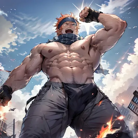 1boy, headband, jacket, scarf, gloves, pants, flexing, angry, open mouth, screaming, (punching:1.1), metropolis, day, spotlight, hard light, from below, foreshortening, solo, focus, extremely muscular masculine character, flame hair, huge bulge, 8 pack abs...