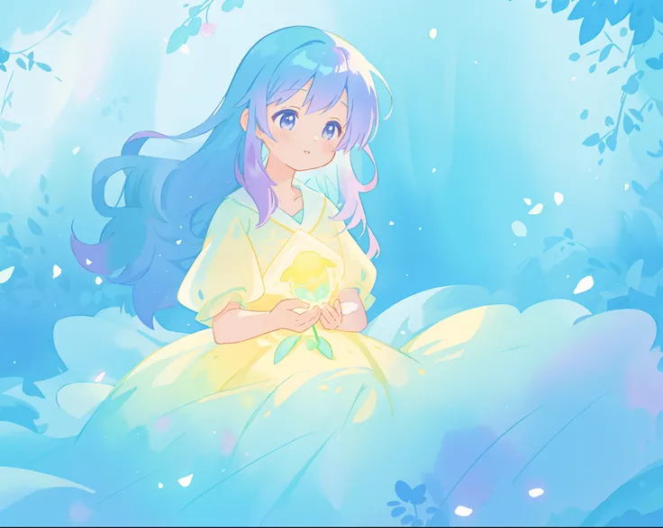 beautiful girl in yellow mint gradient flowing ballgown, long flowing blue purple hair, colorful fantasia background, watercolor illustration, disney art style, glowing aura around her, glowing lights, beautiful digital illustration, fantasia otherworldly ...