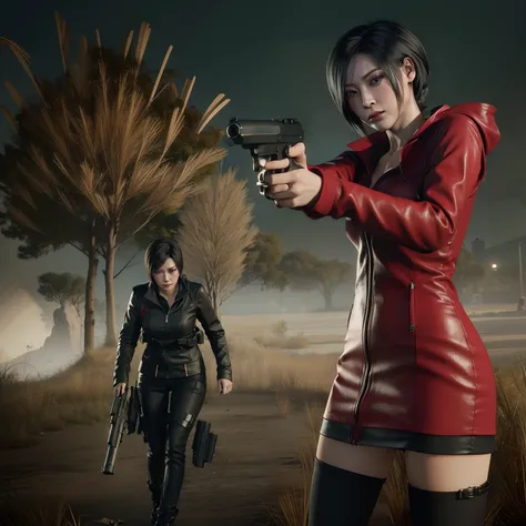 Ada wong, beautiful face, bob hair, perfect Face, wearing mini red rose dress hoody, black nail polish, glare expression, holding a gun, Look straight