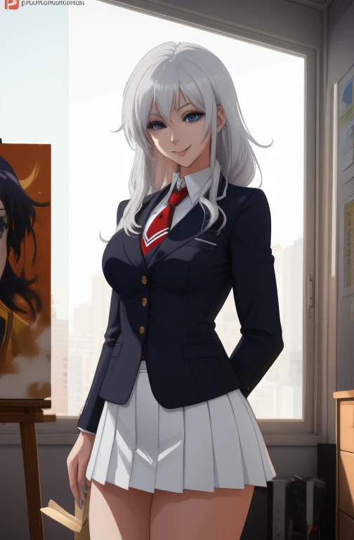 White background, Attractive Blue Eyes, animesque, disheveled hair that is down to the shoulders, white  hair, looking happy smile, full bodyesbian, No tie, Womens miniskirts, 14years, Anime-style beautiful girl, hyper detailed painting, luminism, 4K resol...