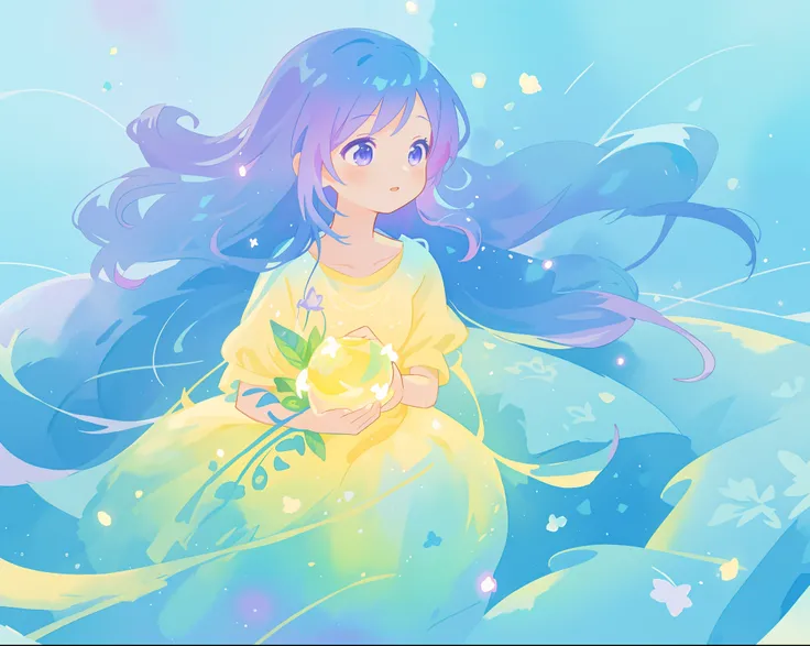 beautiful girl in yellow mint gradient flowing ballgown, long flowing blue purple hair, colorful fantasia background, watercolor illustration, disney art style, glowing aura around her, glowing lights, beautiful digital illustration, fantasia otherworldly ...