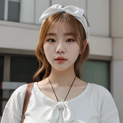 Cute blonde Korean woman wearing white clothes and with a realistic bow on her head