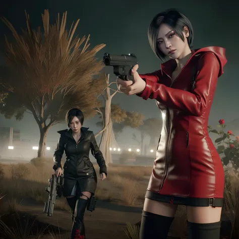 Ada wong, beautiful face, bob hair, perfect Face, wearing mini red rose dress hoody, black nail polish, holding a gun, Look straight