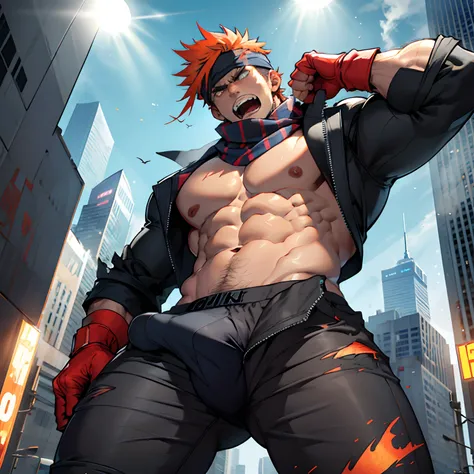 1boy, headband, jacket, ripped clothes, extremely muscular masculine character,  8 pack abs, scarf, gloves, pants, flexing, angry, open mouth, screaming, (punching:1.1), metropolis, day, spotlight, hard light, from below, foreshortening, solo, focus, extre...