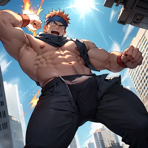 1boy, headband, jacket, ripped clothes, extremely muscular masculine character,  8 pack abs, scarf, gloves, pants, flexing, angry, open mouth, screaming, (punching:1.1), metropolis, day, spotlight, hard light, from below, foreshortening, solo, focus, extre...