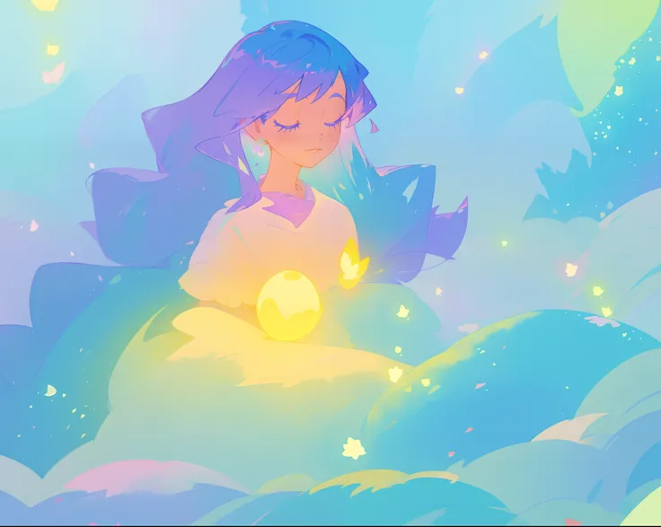 beautiful girl in yellow mint gradient flowing ballgown, long flowing blue purple hair, colorful fantasia background, watercolor illustration, disney art style, glowing aura around her, glowing lights, beautiful digital illustration, fantasia otherworldly ...