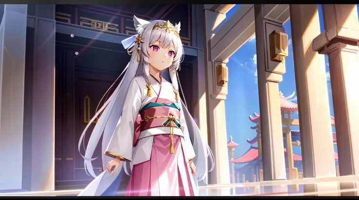 Cute very little girl Illyasviel from fate has long silvery-white hair,pink eyes,wearing kimono and very long pink skirt,praying beads on neck,golden athens temple in background,very little girl,loli,kawaii,anime style,Lumen Reflections,Screen Space Reflec...