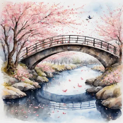 (Cherry blossom And Street:1.5), (ink and watercolor painting:1.5), (Tasteful:1.5), (ink and watercolor painting:1.5), (full color:1.5), 8k, 4k, (landscapes:1.5),(cherry blossom trees:1.5),(river side street:1.5),(Japanese stone bridge:1.5), (wind:1.5),(fl...