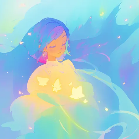 beautiful girl in yellow minut gradient flowing dress, long flowing blue purple pink hair, colorful fantasia background, watercolor illustration, disney art style, glowing aura around her, glowing lights, beautiful digital illustration, fantasia otherworld...