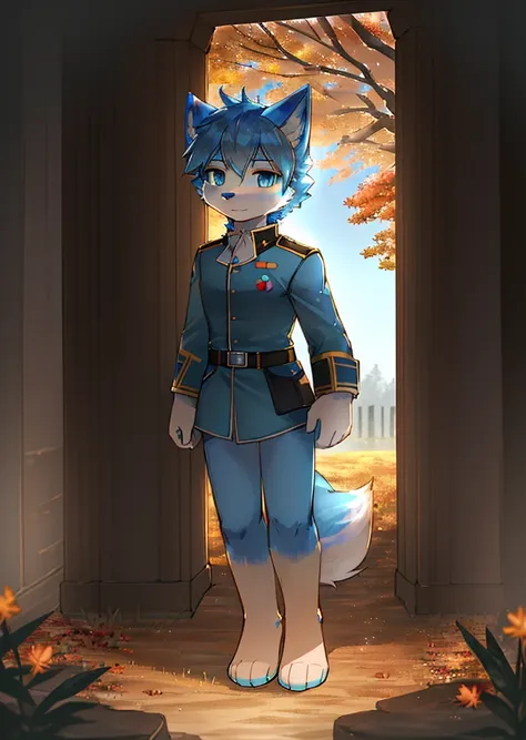 Normal situation (Fluffy blue fox boy), On the battlefield， standing on your feet，Face facing the camera， ((glomy， Detailed face, Clear big eyes，Blue eyes，Meticulous details)),  Natural and soft lighting, 8K, sfv, Autumn , Peaceful , (Fluffy paws), in a so...