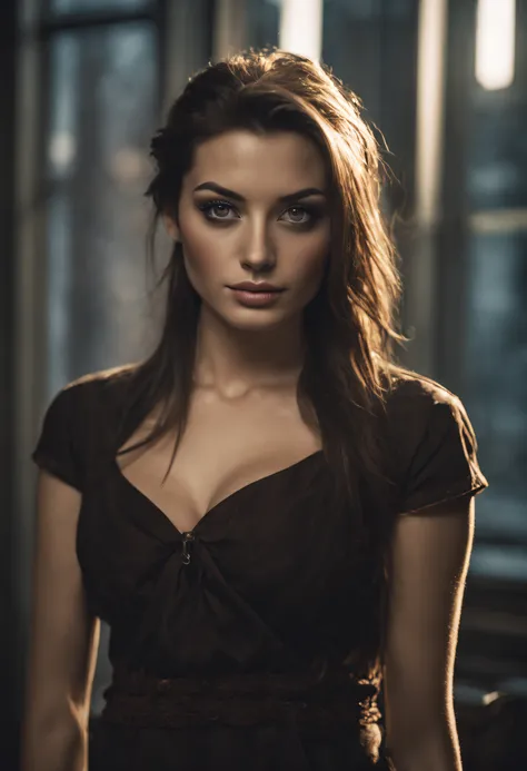 an amazing portrait of a beautiful brunette woman in dark dress, dark brown eyes, dark hair, straight hair, ponytail, great faci...