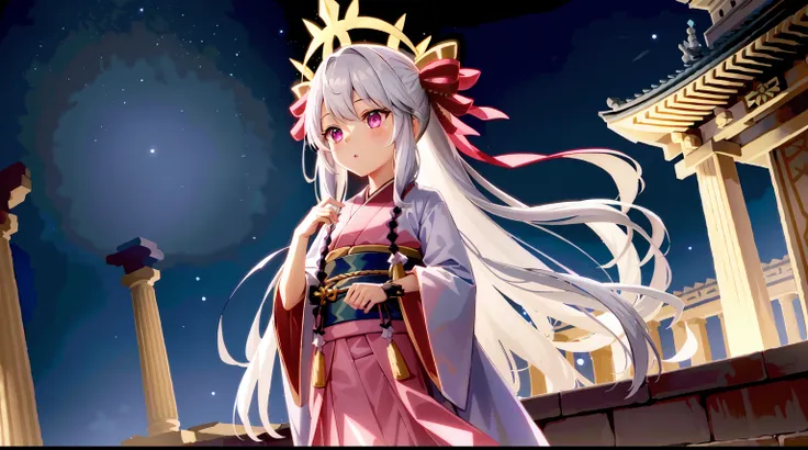 Cute very little girl Illyasviel from fate has long silvery-white hair,pink eyes,wearing kimono and very long pink skirt,praying beads on neck,golden athens temple in background,very little girl,loli,kawaii,anime style,Lumen Reflections,Screen Space Reflec...