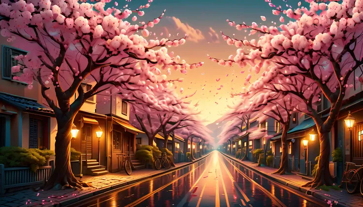 (((cherry blossom and street illustration intricate details))), dreams are released in the distant sky, spring is scattered,echoing in this farthest land, reincarnations reflected in eyes as look up at the sky.where will carry the lost tomorrow, blows acro...