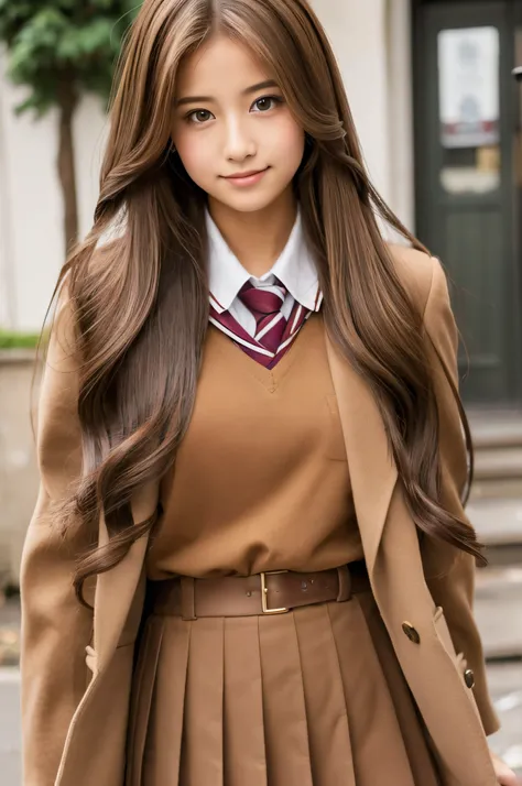 ((high-school uniform)),((Brown-colored super long hair:1.2)),((Beautuful Women)),