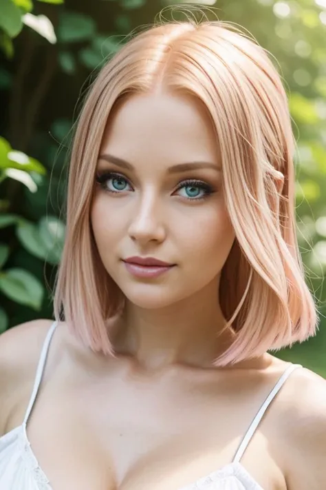 Petite 30 year old woman with light strawberryblonde hair in a straight undercut bob and striking blue eyes wearing eye liner, pink lips, in a white summer dress, detailed face, cleavage, nose stud