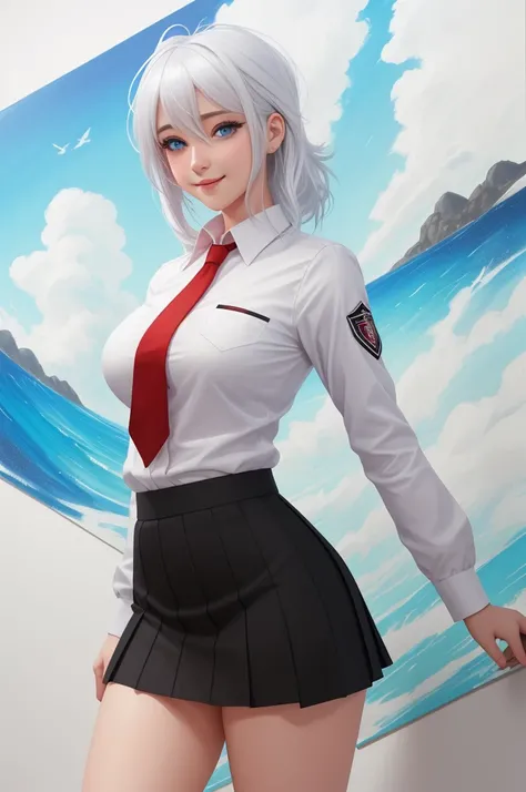 White background, Attractive Blue Eyes, animesque, disheveled hair that is down to the shoulders, white  hair, looking happy smile, full bodyesbian, No tie, Womens miniskirts, 14years, Anime-style beautiful girl, hyper detailed painting, luminism, 4K resol...