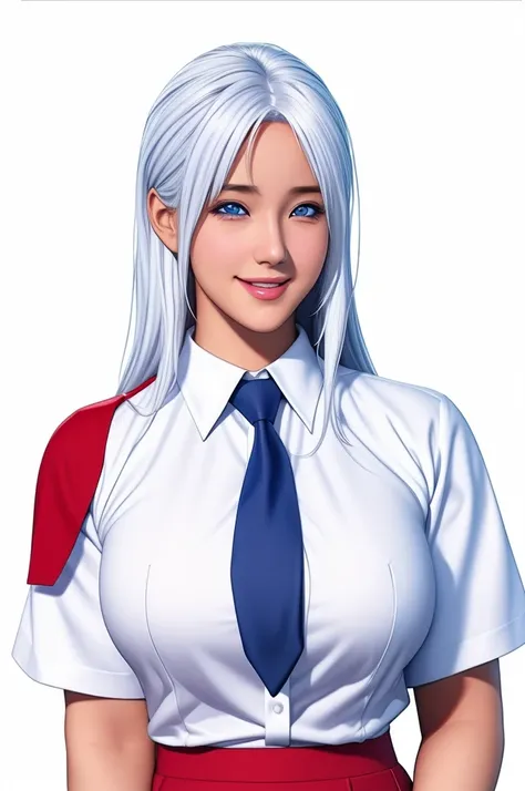 White background, Attractive Blue Eyes, animesque, disheveled hair that is down to the shoulders, white  hair, looking happy smile, full bodyesbian, No tie, Womens miniskirts, 14years, Anime-style beautiful girl, hyper detailed painting, luminism, 4K resol...