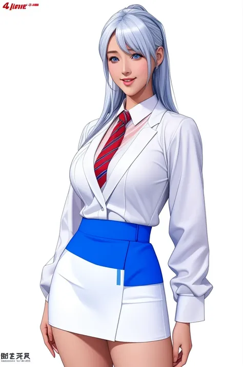 White background, Attractive Blue Eyes, animesque, disheveled hair that is down to the shoulders, white  hair, looking happy smile, full bodyesbian, No tie, Womens miniskirts, 14years, Anime-style beautiful girl, hyper detailed painting, luminism, 4K resol...