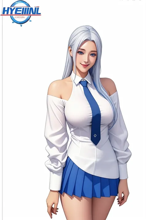 White background, Attractive Blue Eyes, animesque, disheveled hair that is down to the shoulders, white  hair, looking happy smile, full bodyesbian, No tie, Womens miniskirts, 14years, Anime-style beautiful girl, hyper detailed painting, luminism, 4K resol...