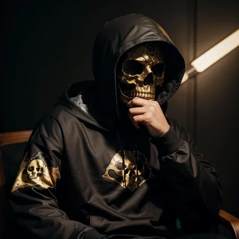 Golden skull face, wearing a dark cape with a hoodie, high quality, galaxy in the background,sitting on a chair,hands under his chin