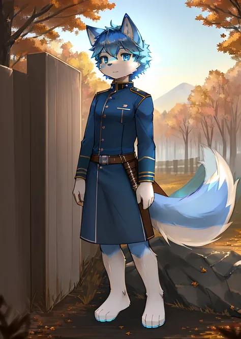 Normal situation (Fluffy blue fox boy), On the battlefield， standing on your feet，Face facing the camera， ((glomy， Detailed face, Clear big eyes，Blue eyes，Meticulous details)),  Natural and soft lighting, 8K, sfv, Autumn , Peaceful , (Fluffy paws), in a so...