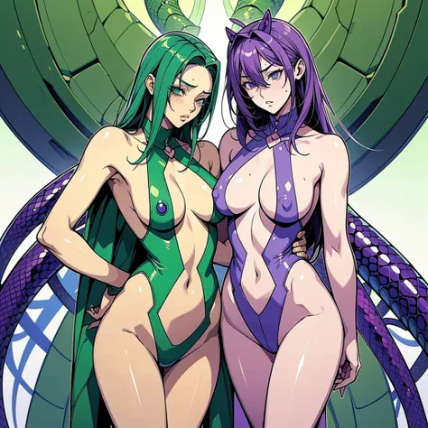 Cartoon photo of a woman in a green and purple costume、Hot Insect Humanoid Female、Guyver Style、NSFW version、Akame、Scarabeleploid、Tentacles imitating a snakes tail、、Alien Queen、Serpentine Pose、