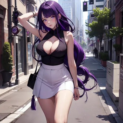 Masterpiece, Best quality, highly detailed, highres, highly detailed, 1 girl, long purple hair, purple eyes, large breast, unbottened black sleeveless office lady shirt, white bra, brown skirt, standing, walking in middle downtown, clothes sticking to her ...