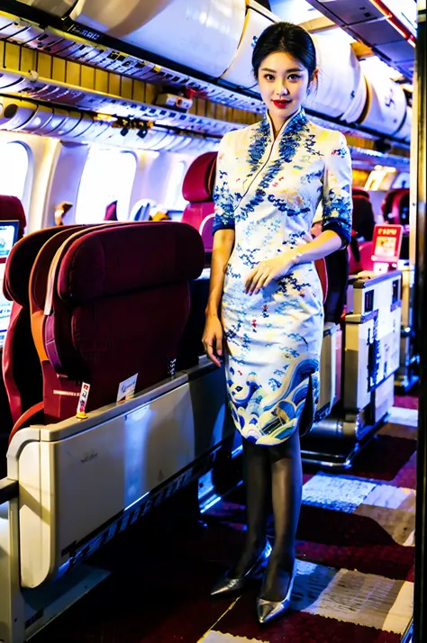 stiletto heels，heavy makeup，redlip，white skin，mature，full bodyesbian，ultra-thin flesh-colored pantyhose，flight attendant cheongs...