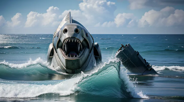 RAW, Masterpiece, Super Fine Photo, Ultra High Resolution, Photorealistic, Sunlight, giant metal shark sharp teeth exposed explodes out of the ocean, sandy beach facing the ocean, pigeoncore, neo-dadaist, mechanized precision, in the style of mecha sci-fi ...