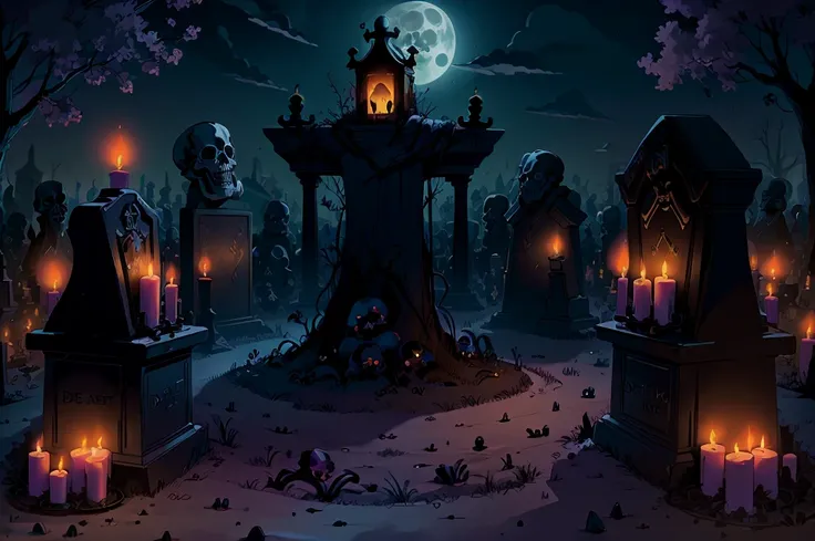 (((day of the death))), (graveyard illuminated by candles), full moon night, colorful