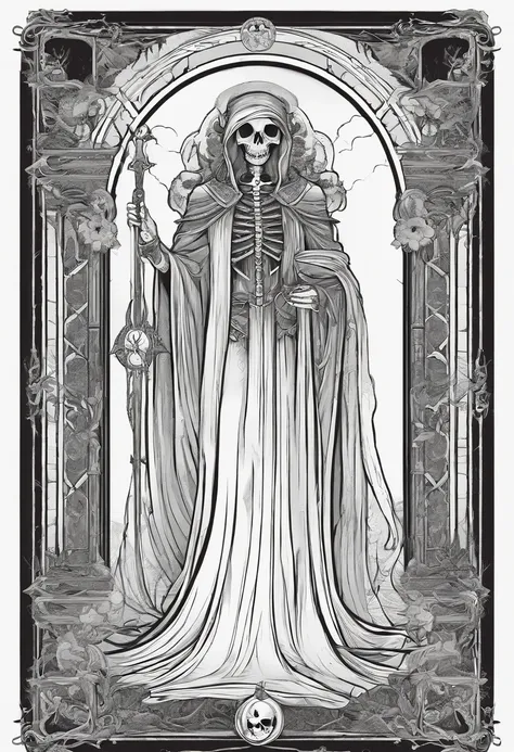 Death tarot card, coloring book page, clear details,  clean line art,  thick outline,  clear line art